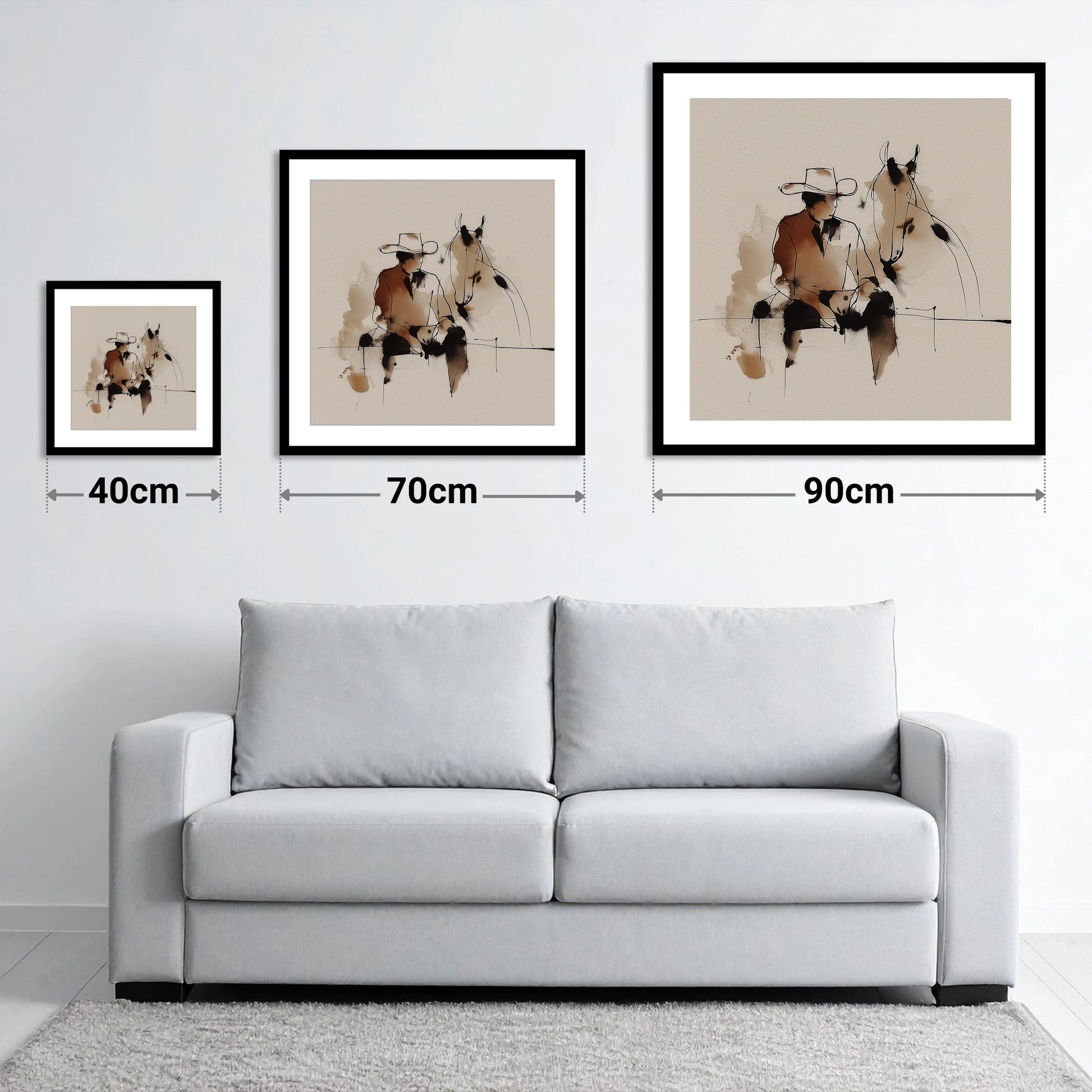 The Cowboy's Rest - size guide showing 40cm, 70cm and 90cm art prints