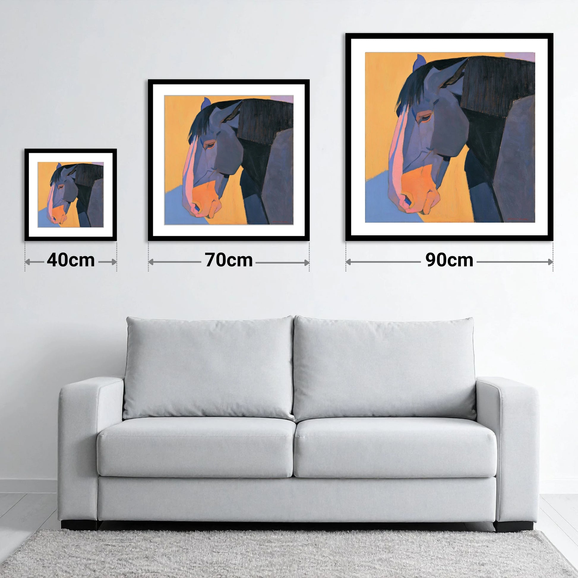 Vibrant Blue Horse Portrait - size guide showing 40cm, 70cm and 90cm art prints