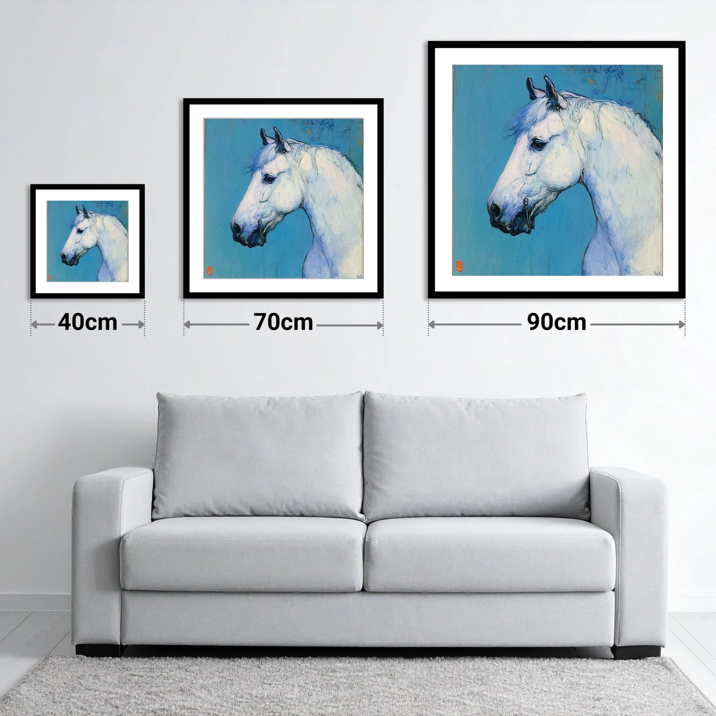 Cerulean Grey Profile - size guide showing 40cm, 70cm and 90cm art prints