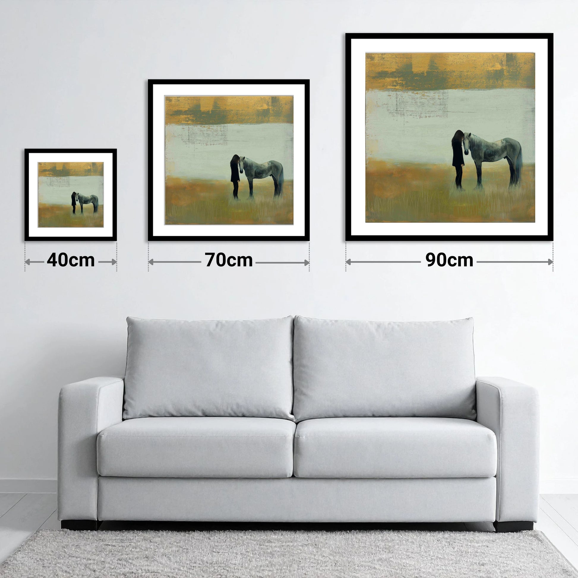 The Quiet Bond - size guide showing 40cm, 70cm and 90cm art prints