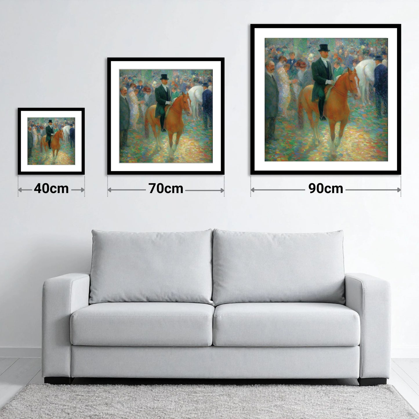 Elegance in the Crowd - size guide showing 40cm, 70cm and 90cm art prints