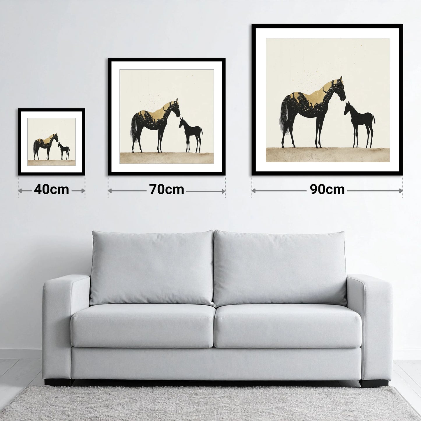 Gilded Bond - size guide showing 40cm, 70cm and 90cm art prints