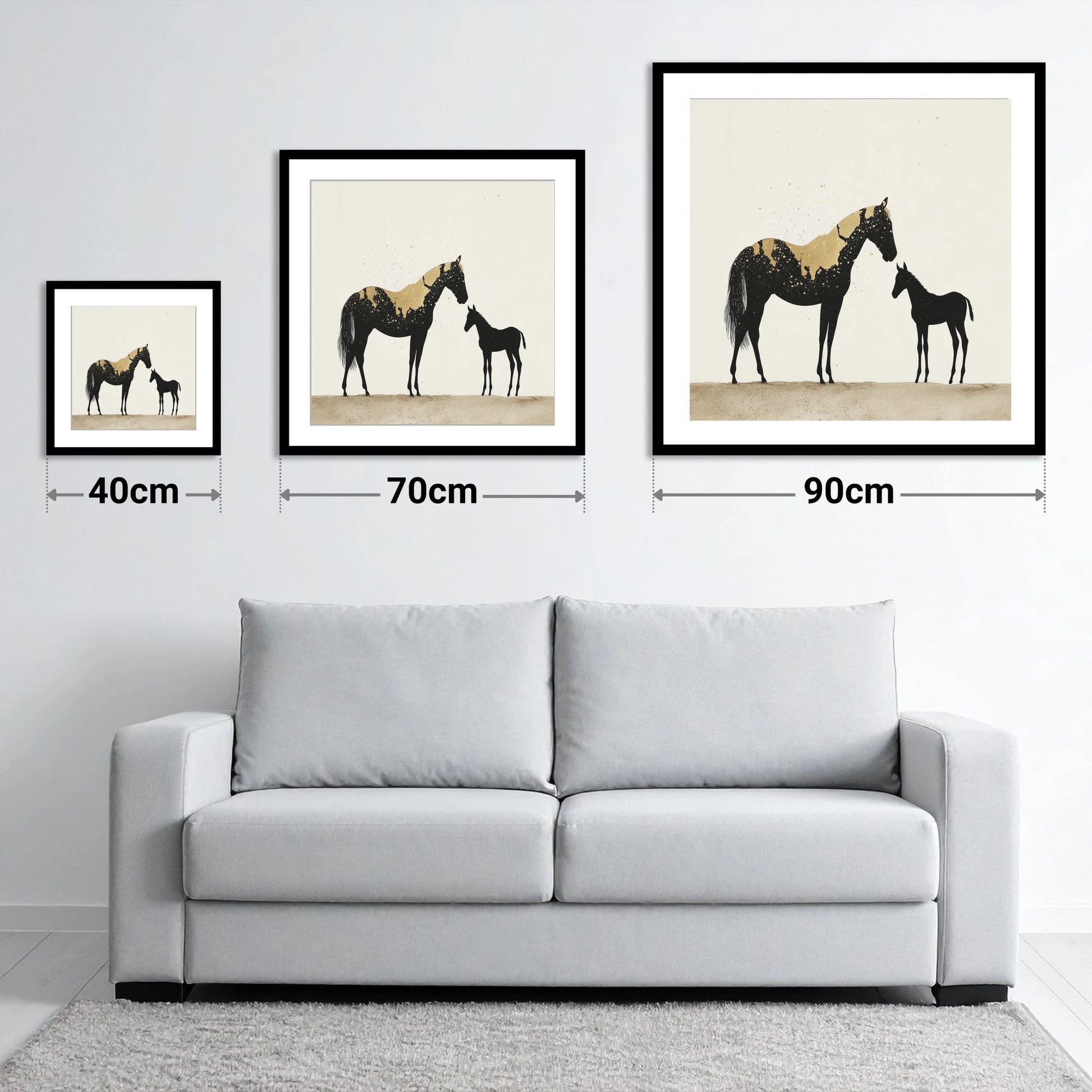 Gilded Bond - size guide showing 40cm, 70cm and 90cm art prints