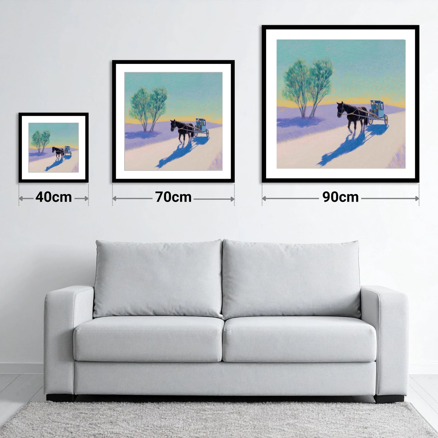 Journey in Lavender Light - size guide showing 40cm, 70cm and 90cm art prints