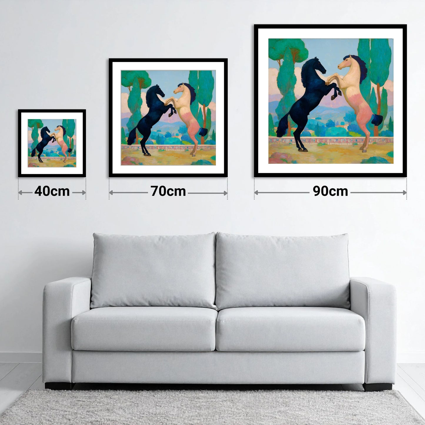 Azure and Rose Dance - size guide showing 40cm, 70cm and 90cm art prints