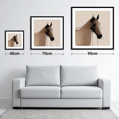 Sepia Equine Silhouette - size guide showing 40cm, 70cm and 90cm art prints