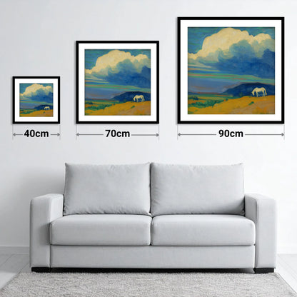 Grazing Beneath Big Skies - size guide showing 40cm, 70cm and 90cm art prints