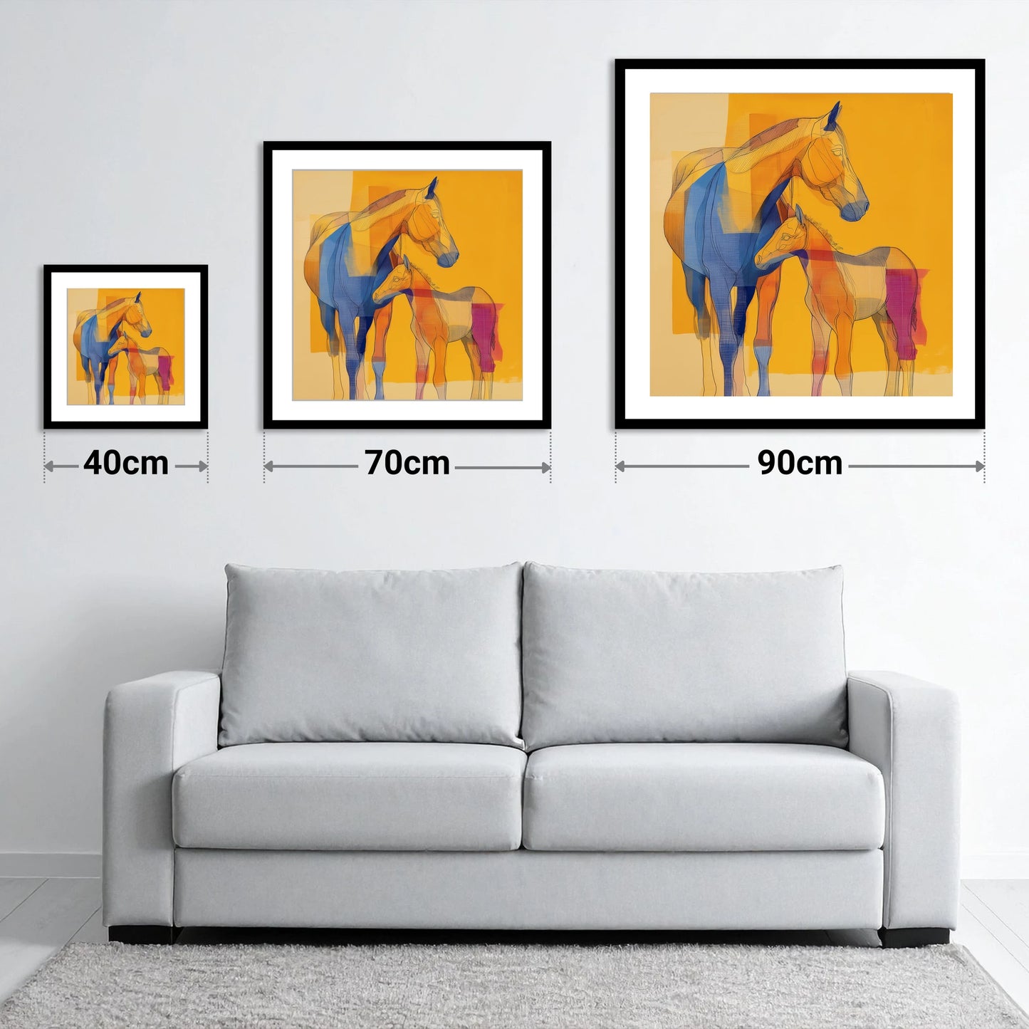 Vibrant Amber Kinship - size guide showing 40cm, 70cm and 90cm art prints