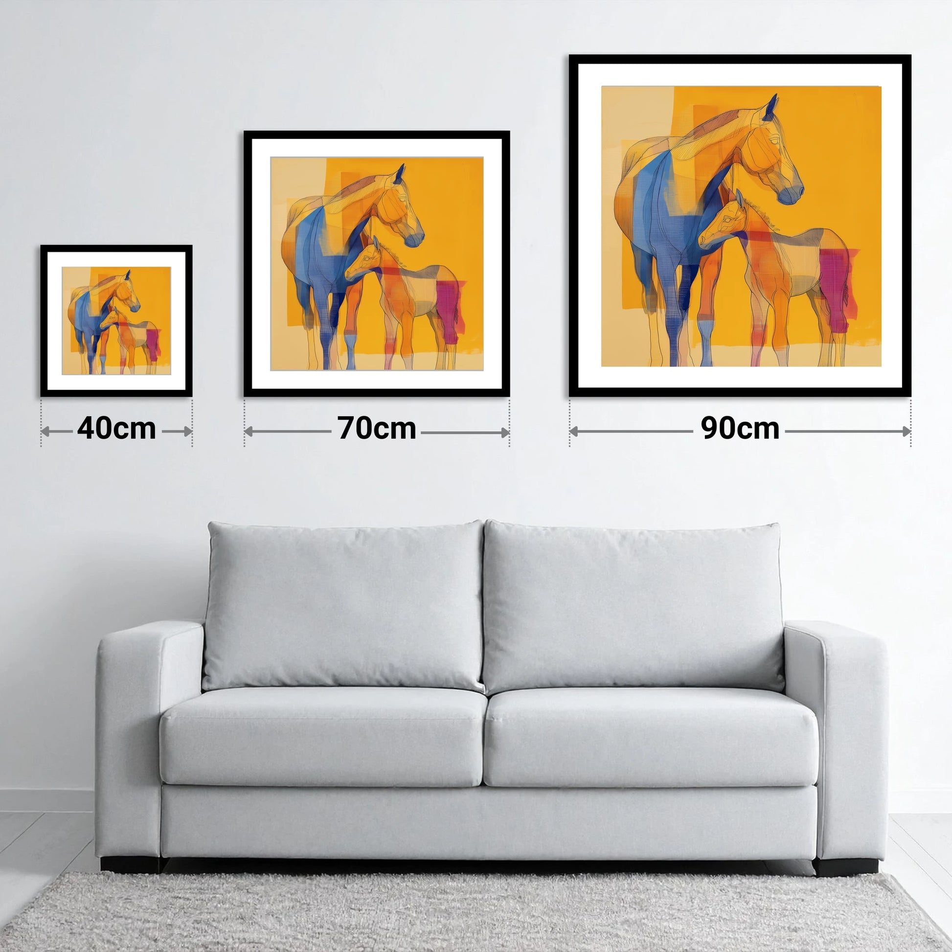 Vibrant Amber Kinship - size guide showing 40cm, 70cm and 90cm art prints