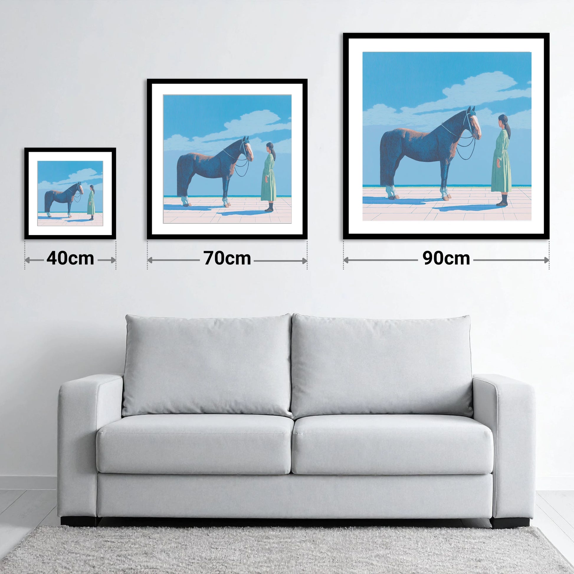 The Quiet Bond - size guide showing 40cm, 70cm and 90cm art prints