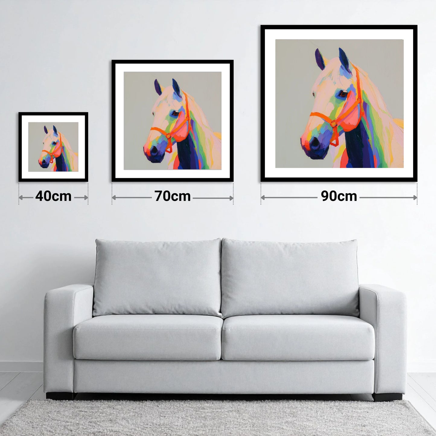 Prismatic Equine Profile - size guide showing 40cm, 70cm and 90cm art prints