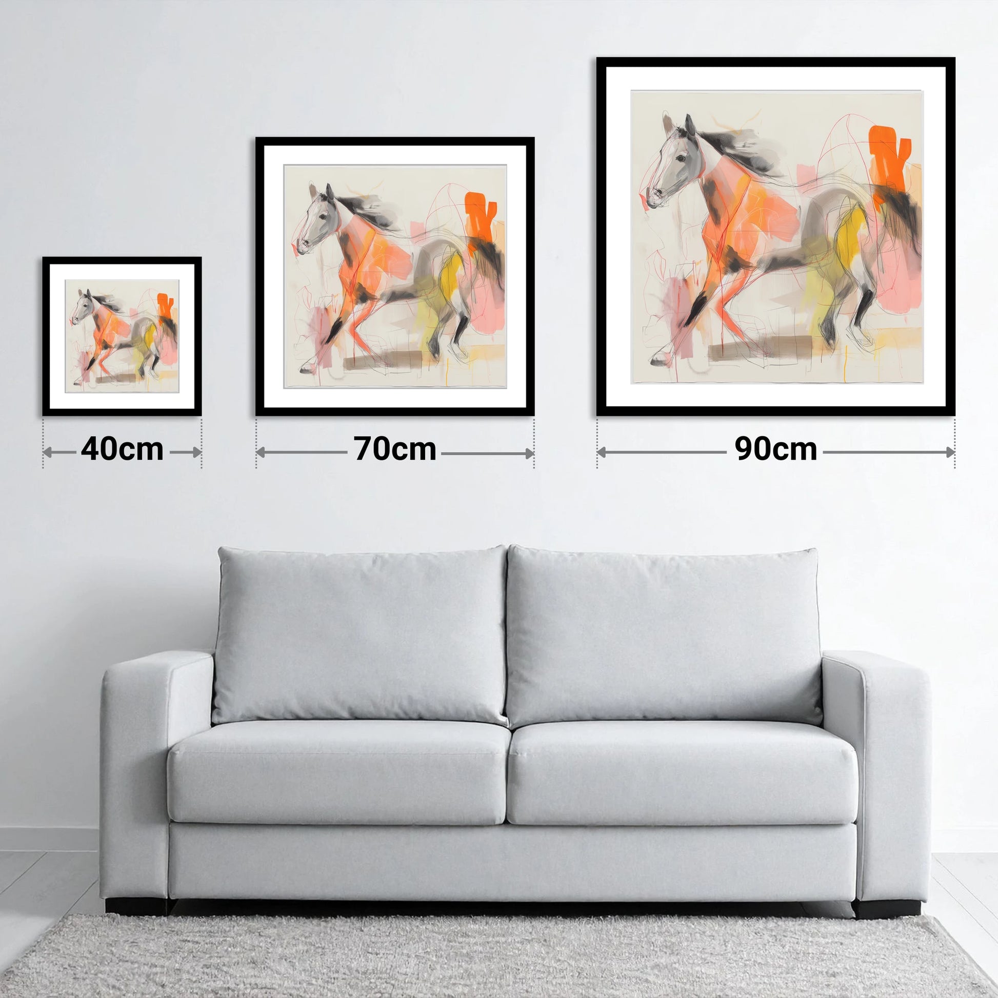 Vibrant Equine Spirit - size guide showing 40cm, 70cm and 90cm art prints