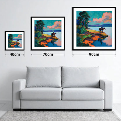 The Violet Shoreline - size guide showing 40cm, 70cm and 90cm art prints