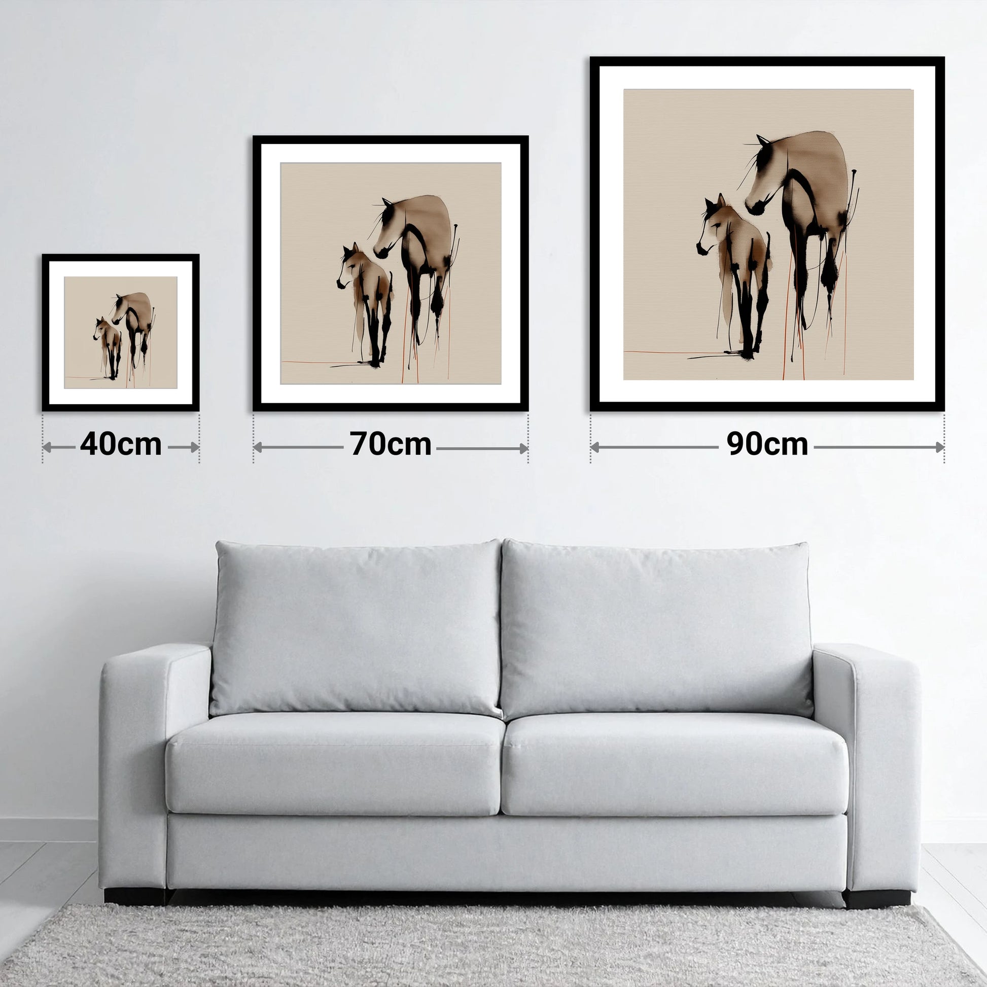 Quiet Devotion - size guide showing 40cm, 70cm and 90cm art prints