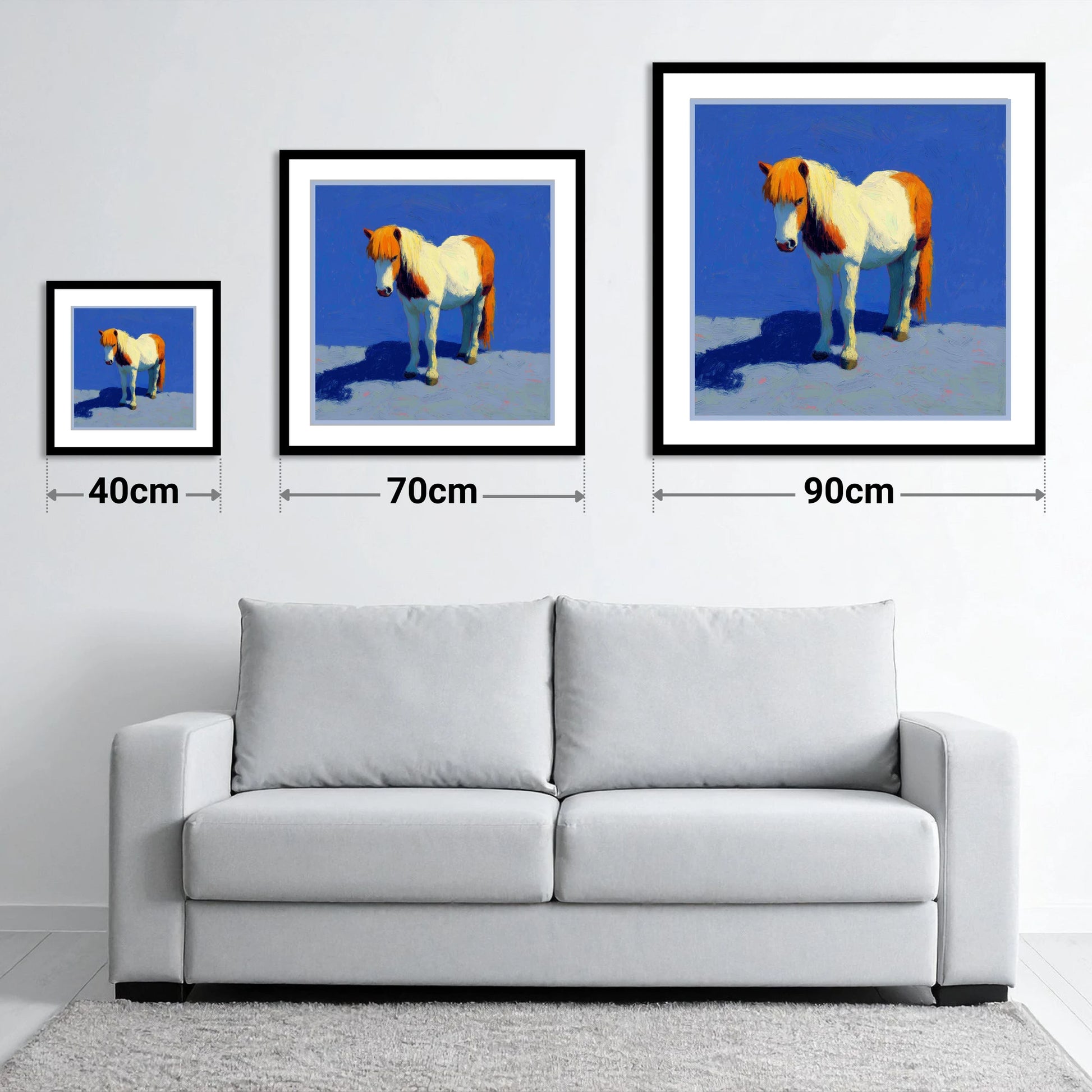 Sunlit Skewbald Pony - size guide showing 40cm, 70cm and 90cm art prints