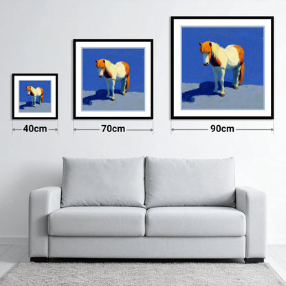 Sunlit Skewbald Pony - size guide showing 40cm, 70cm and 90cm art prints