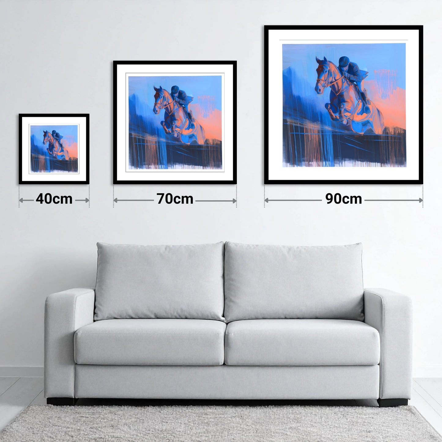 Suspended in Cobalt - size guide showing 40cm, 70cm and 90cm art prints
