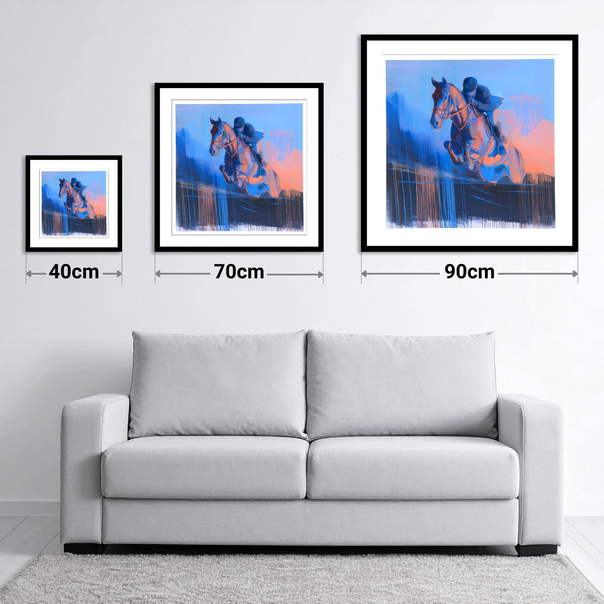 Suspended in Cobalt - size guide showing 40cm, 70cm and 90cm art prints