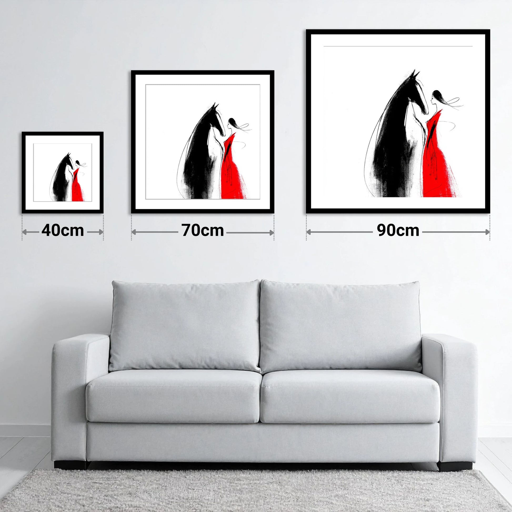 Crimson Connection - size guide showing 40cm, 70cm and 90cm art prints
