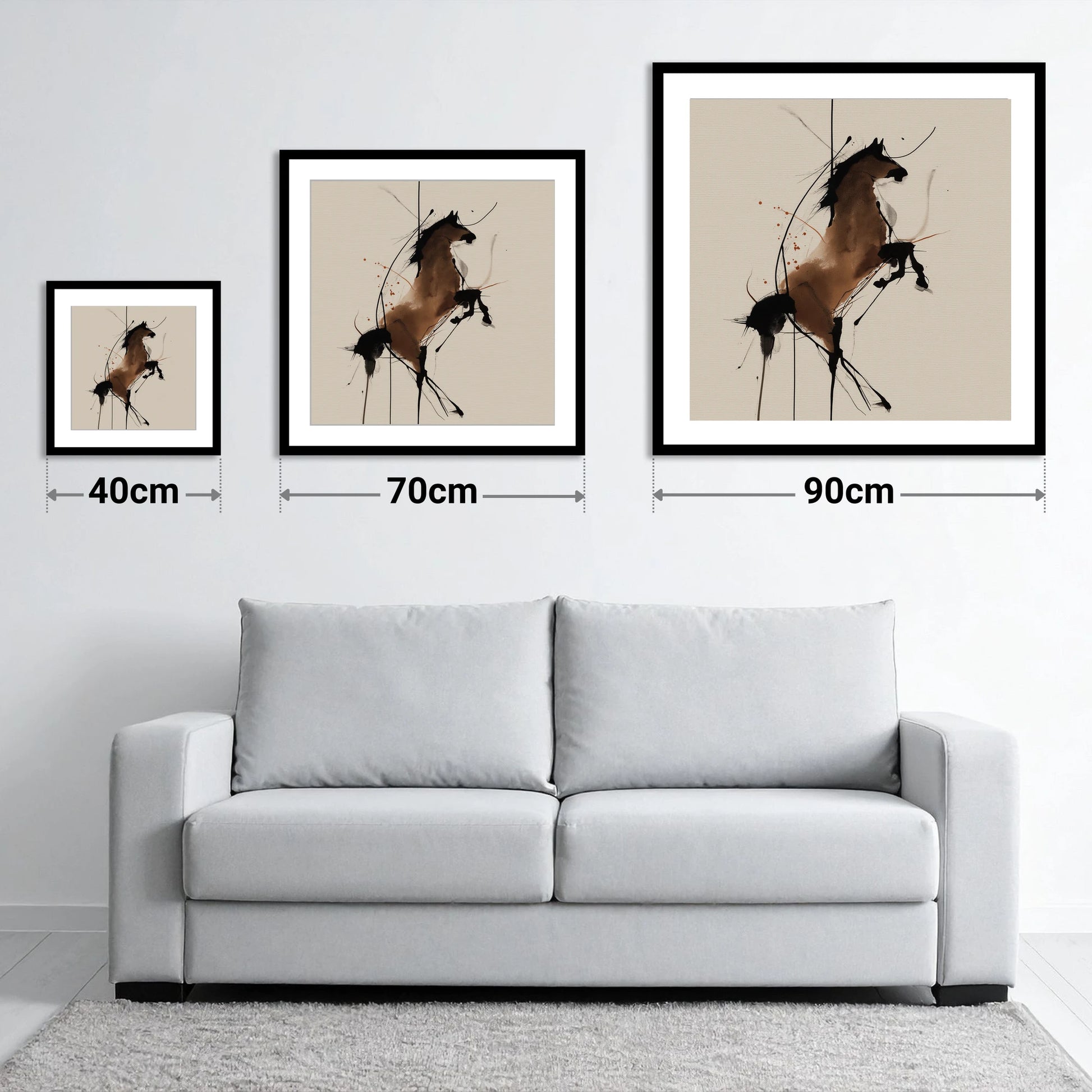 Dynamic Rearing Spirit - size guide showing 40cm, 70cm and 90cm art prints