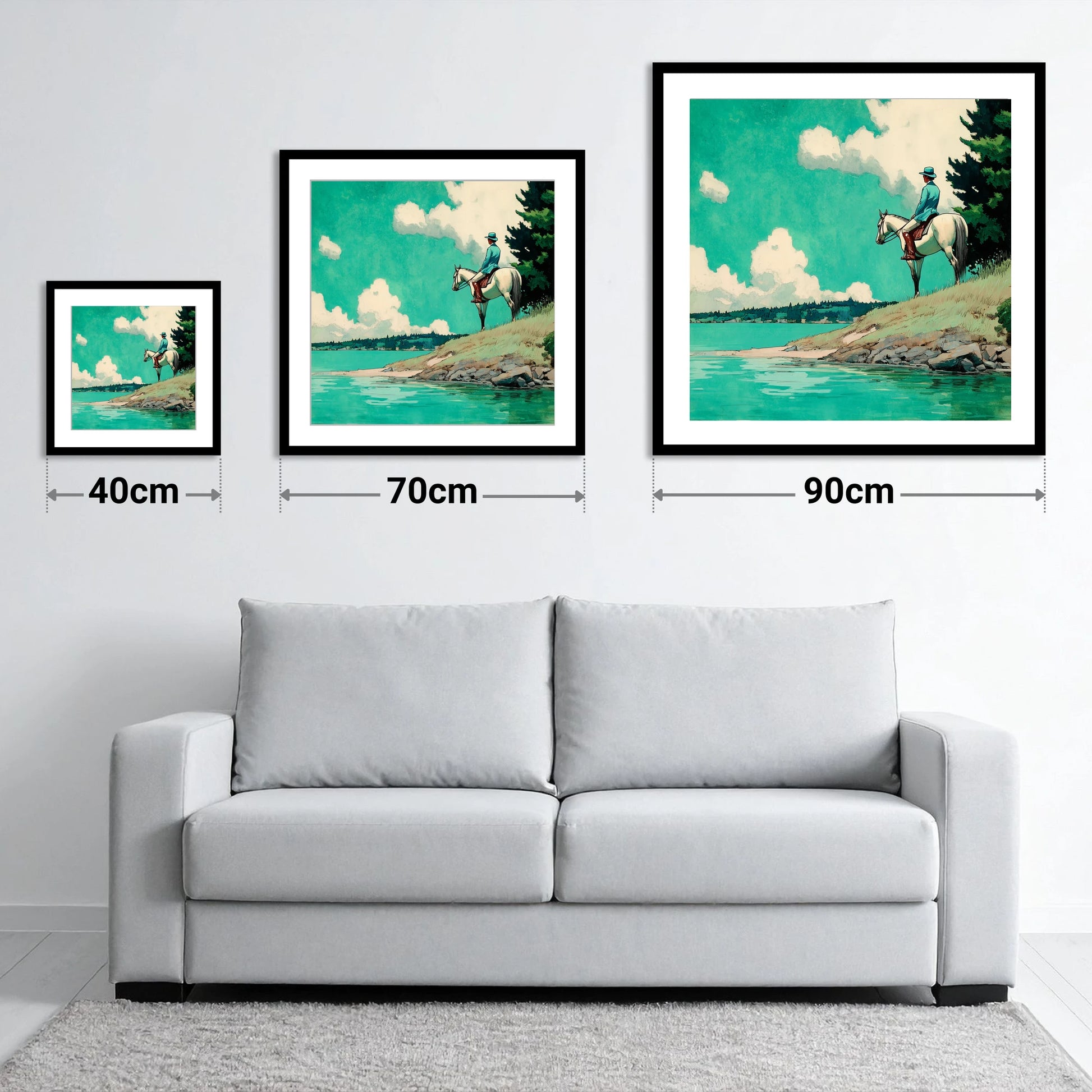Teal Waters Vantage - size guide showing 40cm, 70cm and 90cm art prints