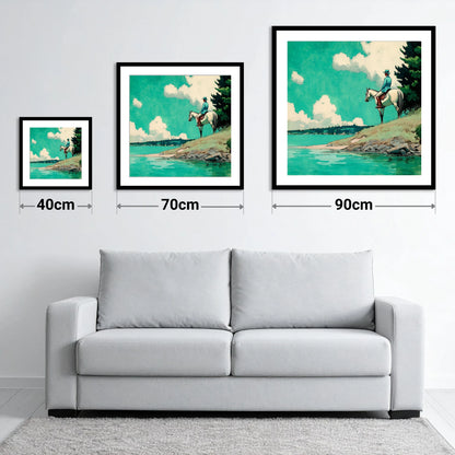 Teal Waters Vantage - size guide showing 40cm, 70cm and 90cm art prints