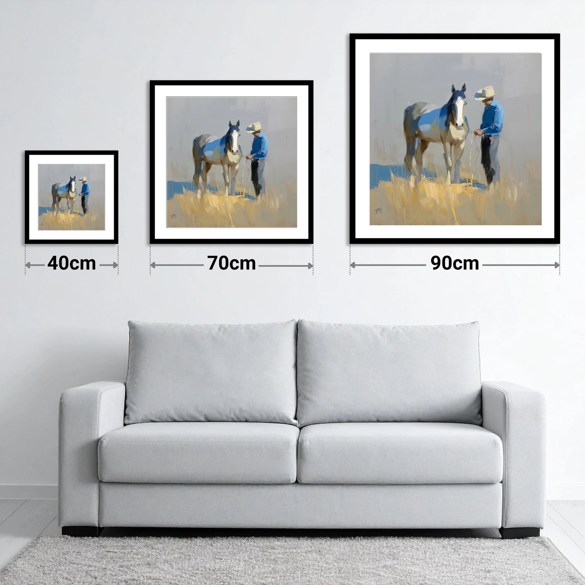 Sunlit Partnership - size guide showing 40cm, 70cm and 90cm art prints