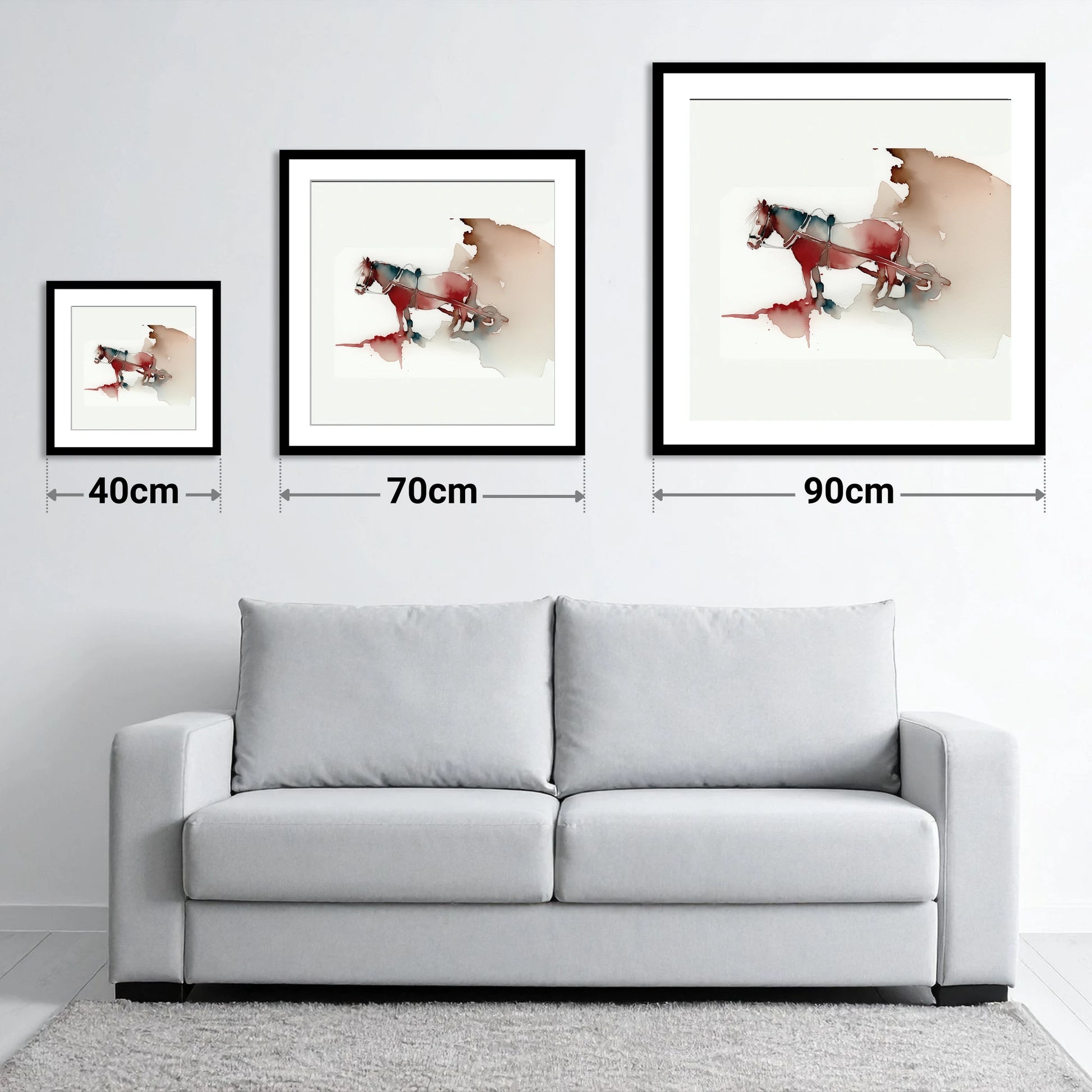 Crimson Draught in Harness - size guide showing 40cm, 70cm and 90cm art prints