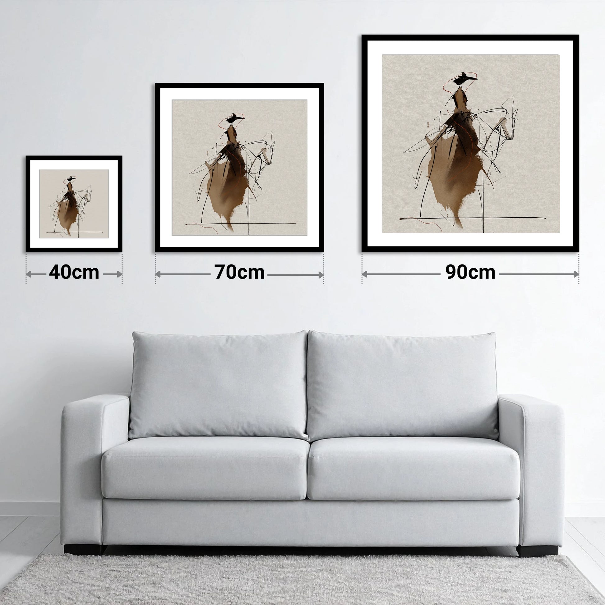 Elegant Sepia Rider - size guide showing 40cm, 70cm and 90cm art prints