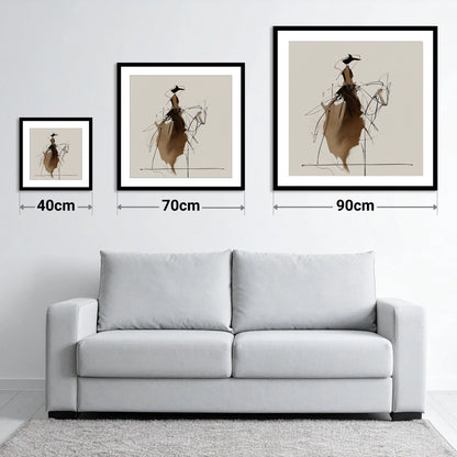 Elegant Sepia Rider - size guide showing 40cm, 70cm and 90cm art prints