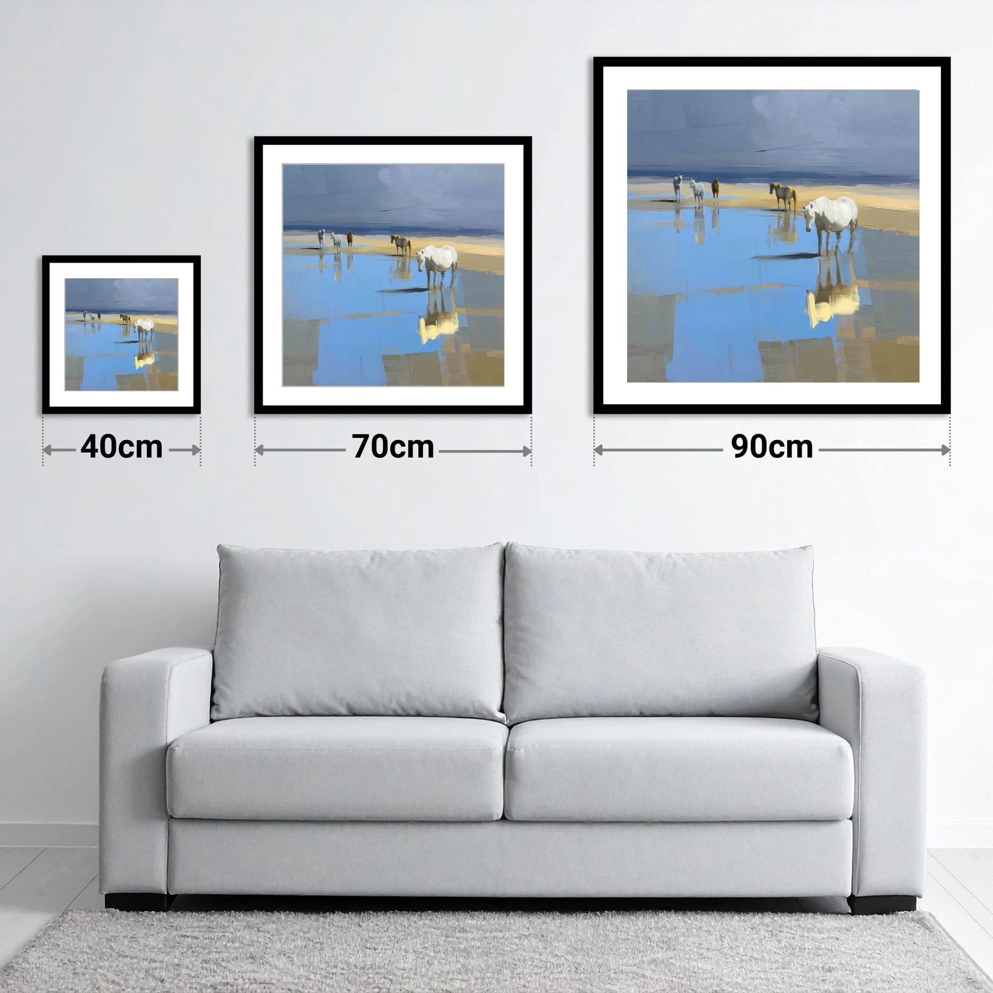Stillness in the Shallows - size guide showing 40cm, 70cm and 90cm art prints
