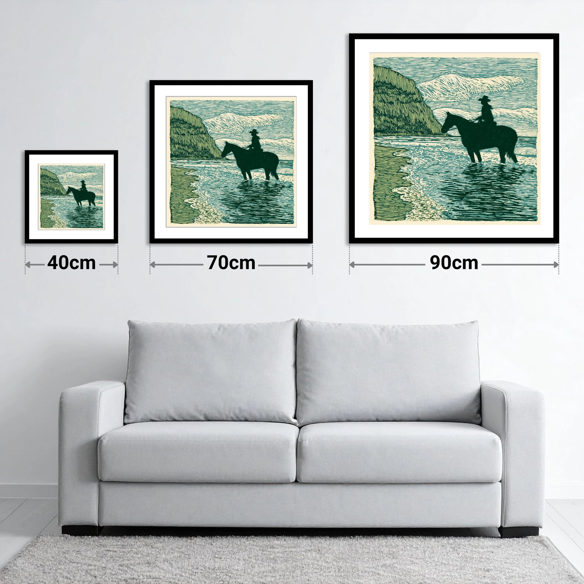 Edge of the Tide - size guide showing 40cm, 70cm and 90cm art prints