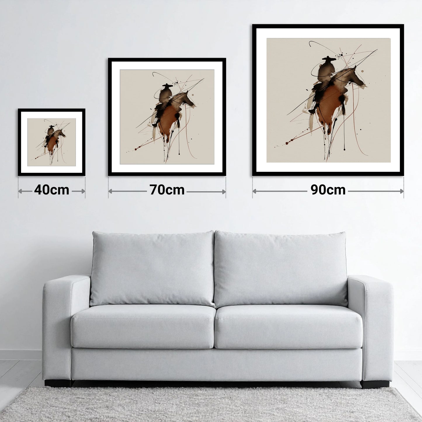Shadows of the West - size guide showing 40cm, 70cm and 90cm art prints