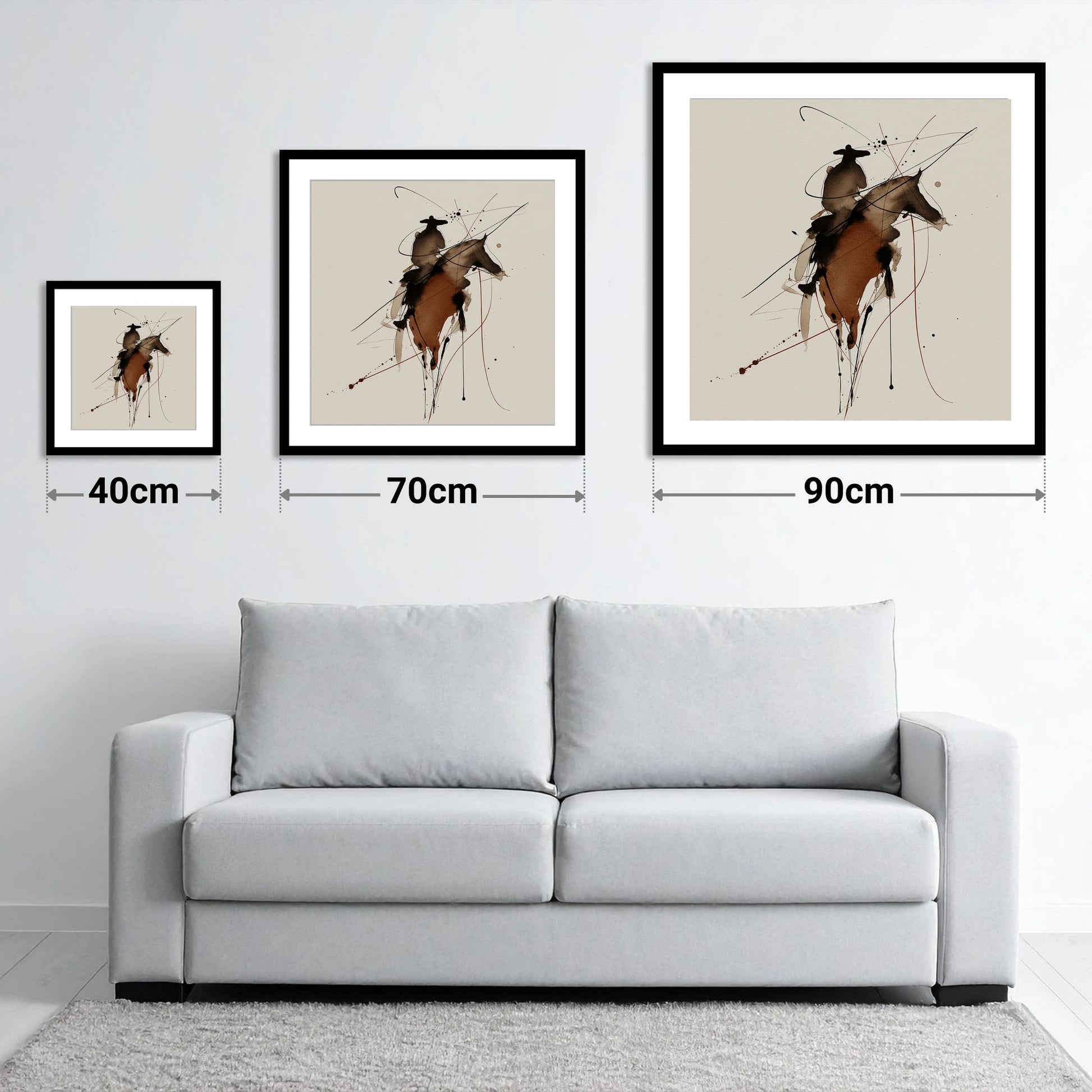 Shadows of the West - size guide showing 40cm, 70cm and 90cm art prints