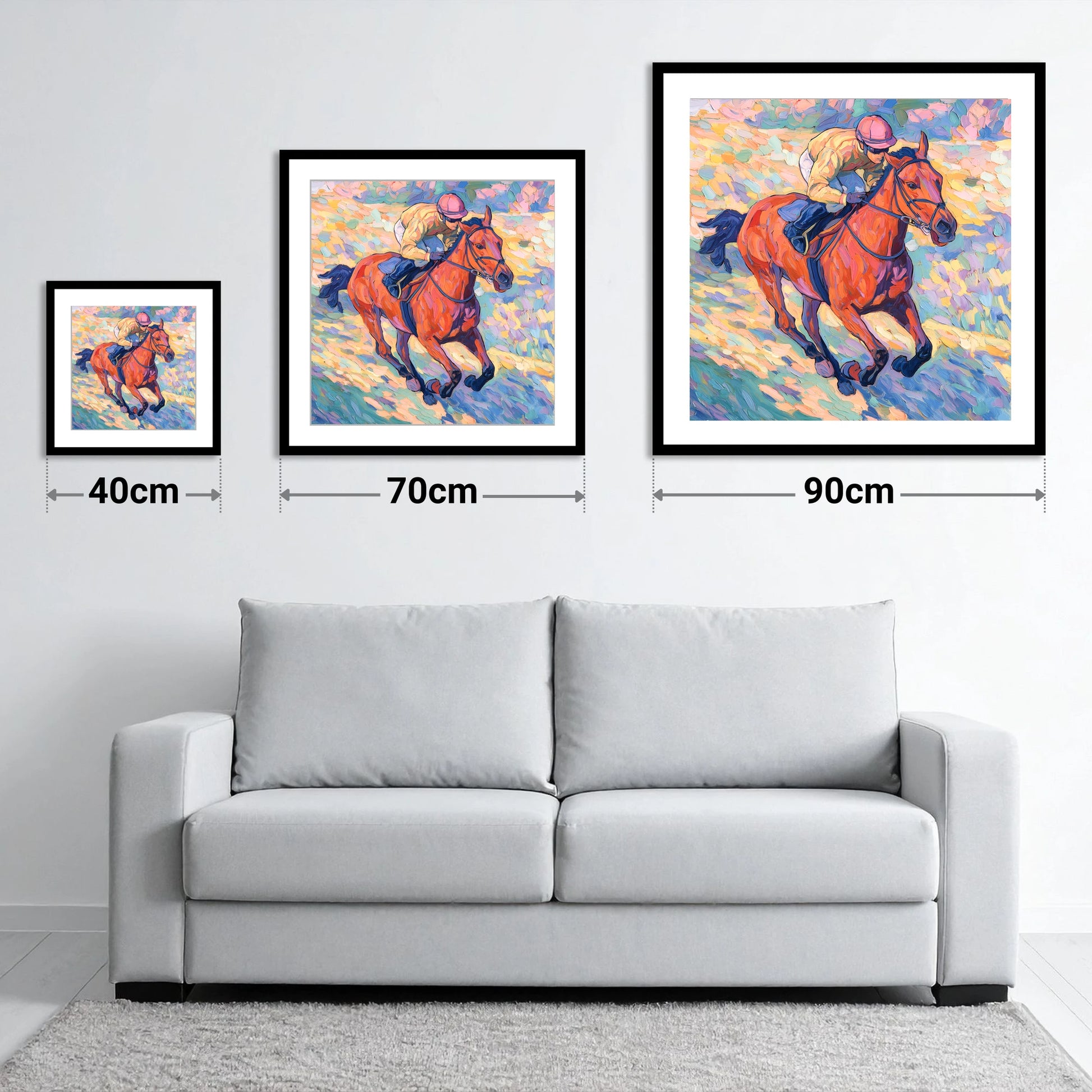 Vibrant Final Furlong - size guide showing 40cm, 70cm and 90cm art prints