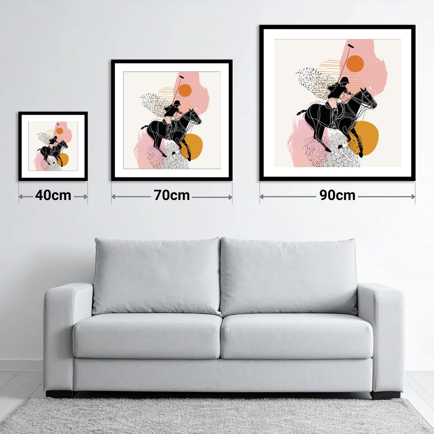 Modern Polo Strike - size guide showing 40cm, 70cm and 90cm art prints