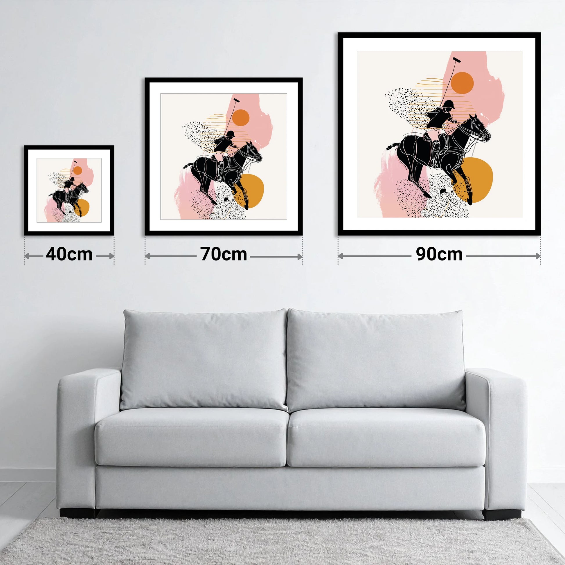 Modern Polo Strike - size guide showing 40cm, 70cm and 90cm art prints