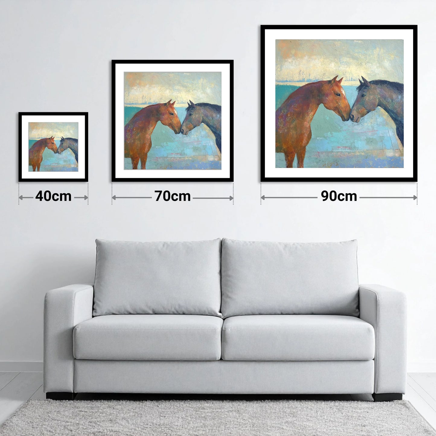 Kindred Spirits - size guide showing 40cm, 70cm and 90cm art prints