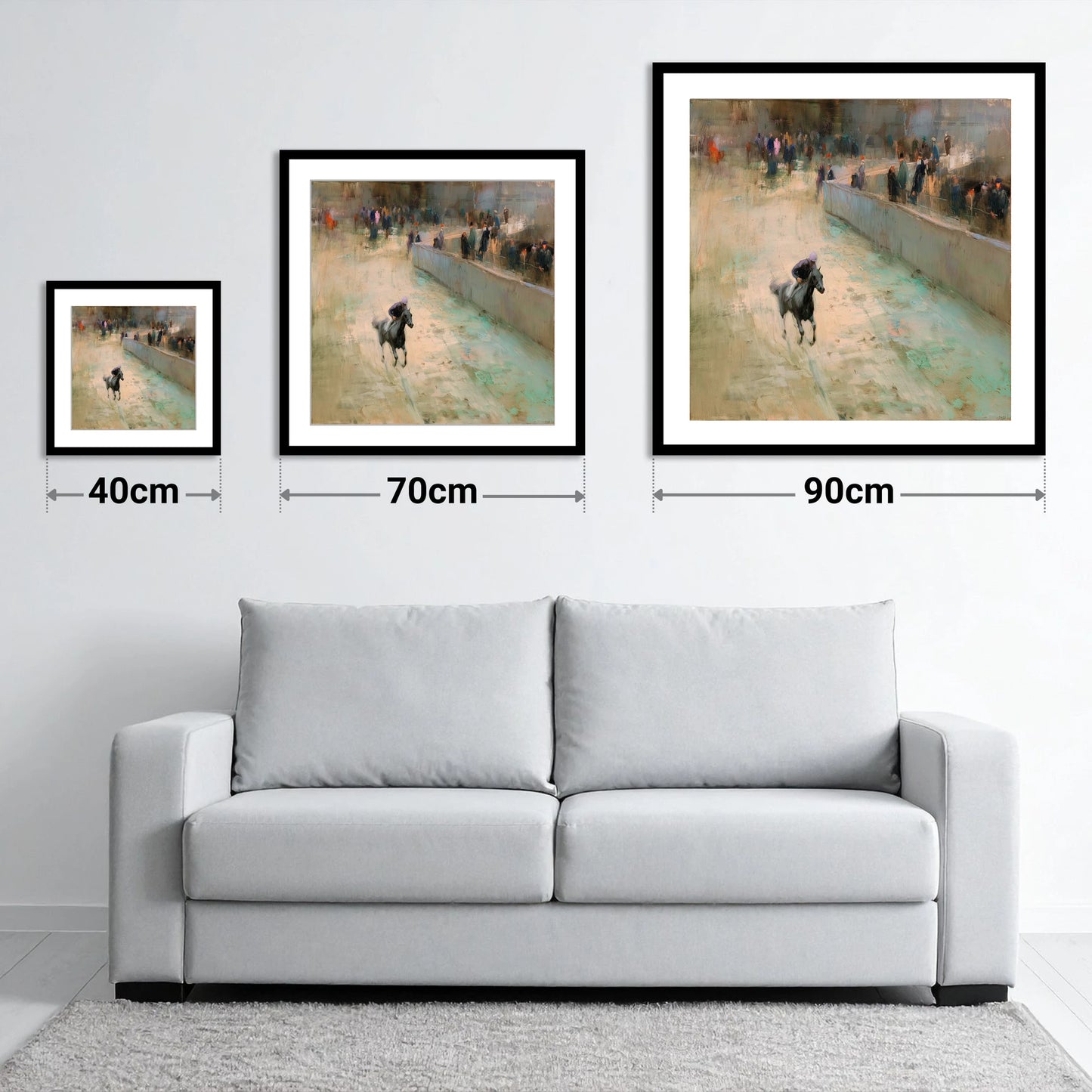 Echoes of the Track - size guide showing 40cm, 70cm and 90cm art prints