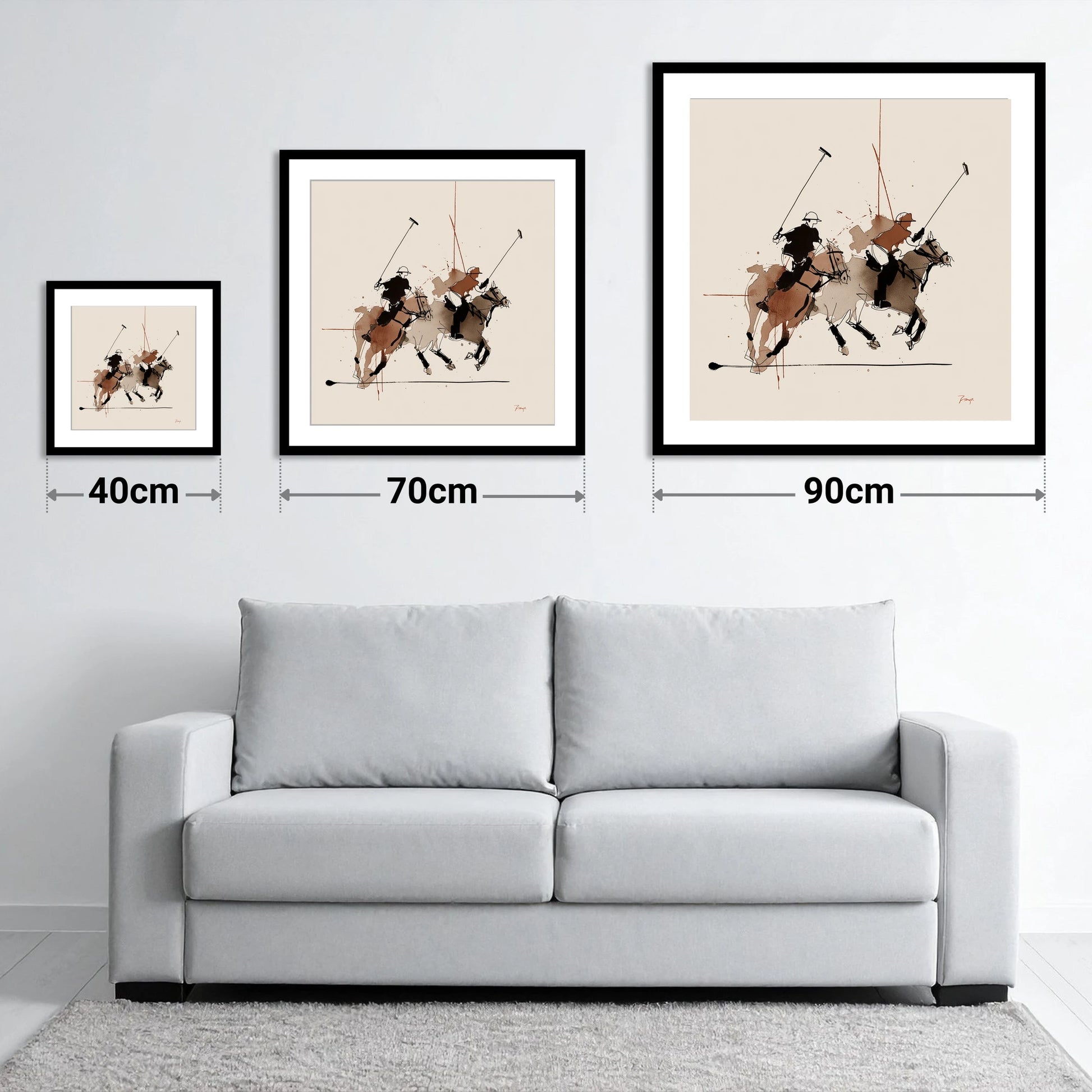 Midfield Charge - size guide showing 40cm, 70cm and 90cm art prints