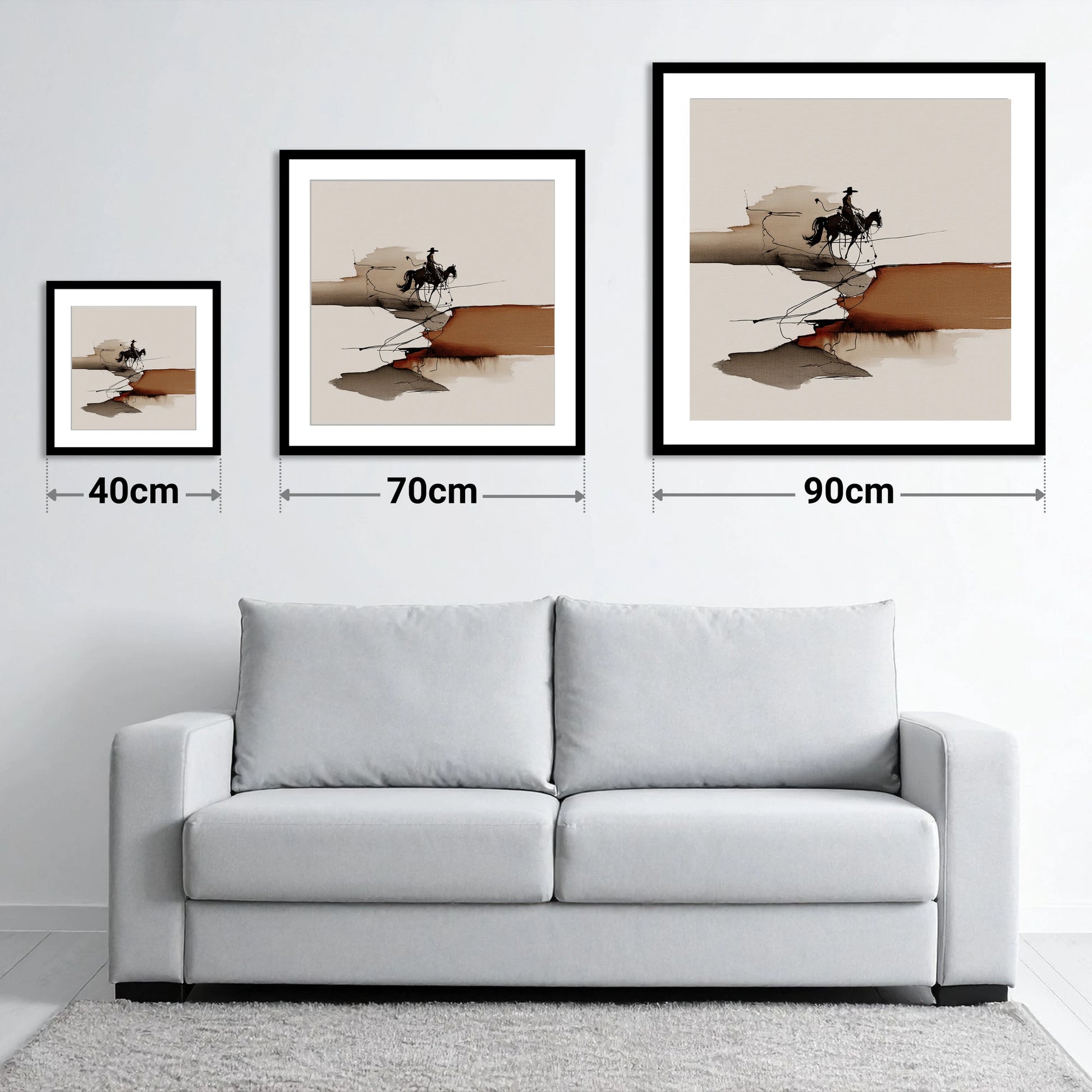 Canyon Trail Silhouette - size guide showing 40cm, 70cm and 90cm art prints