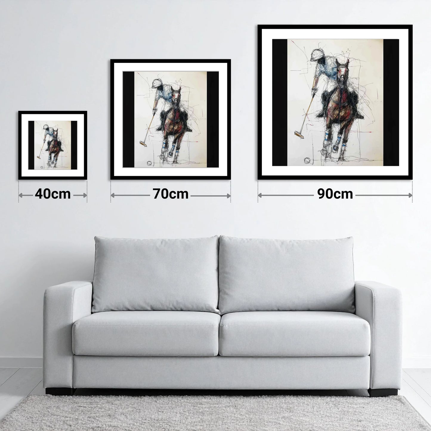 Full Gallop Focus - size guide showing 40cm, 70cm and 90cm art prints