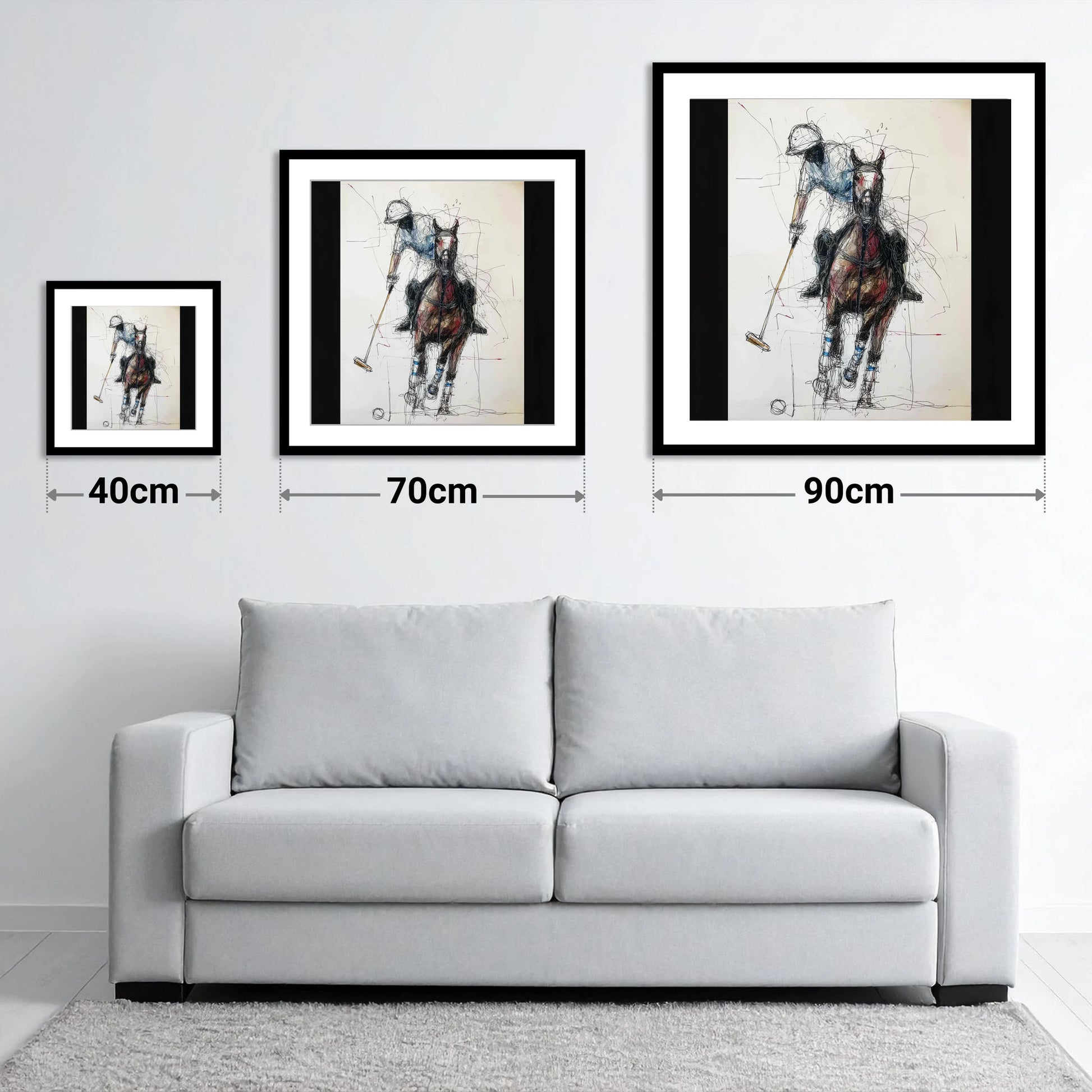Full Gallop Focus - size guide showing 40cm, 70cm and 90cm art prints