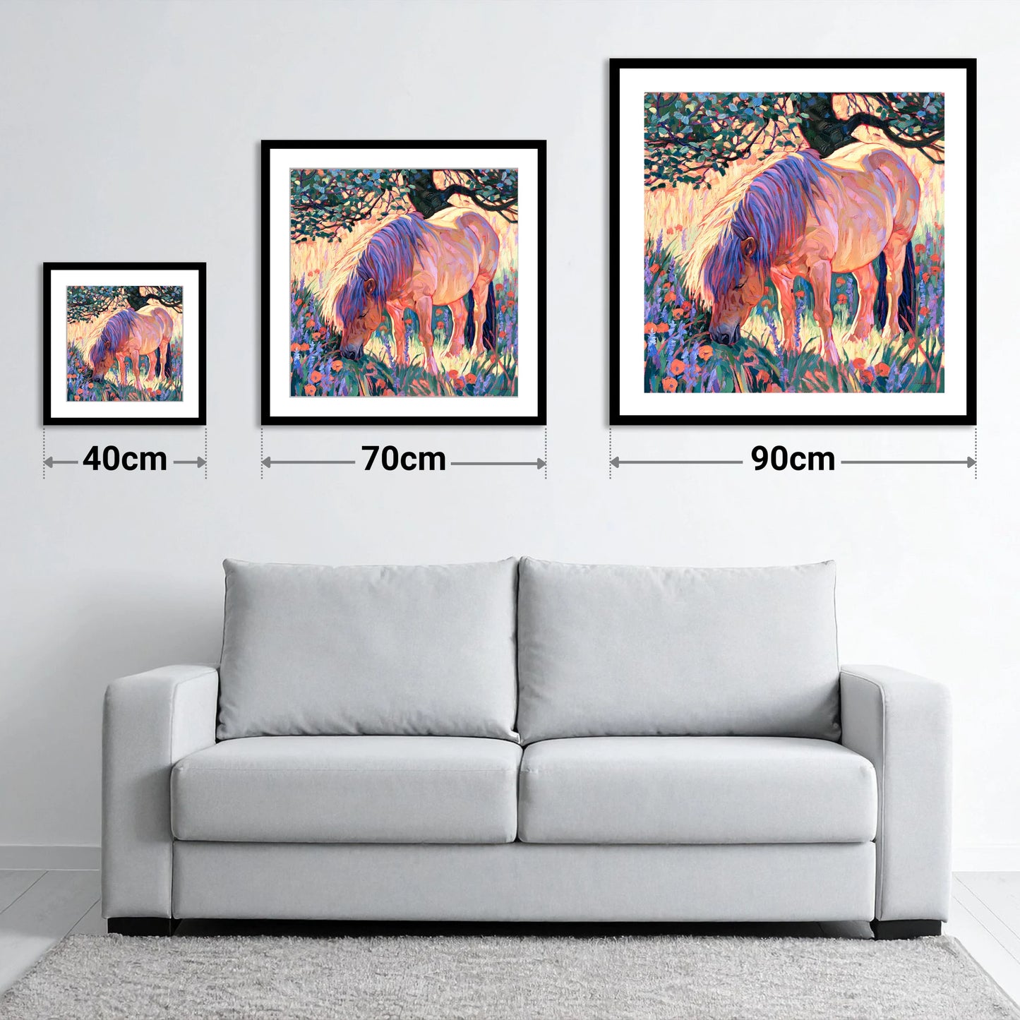 Vibrant Grazing Pony In Meadow - size guide showing 40cm, 70cm and 90cm art prints