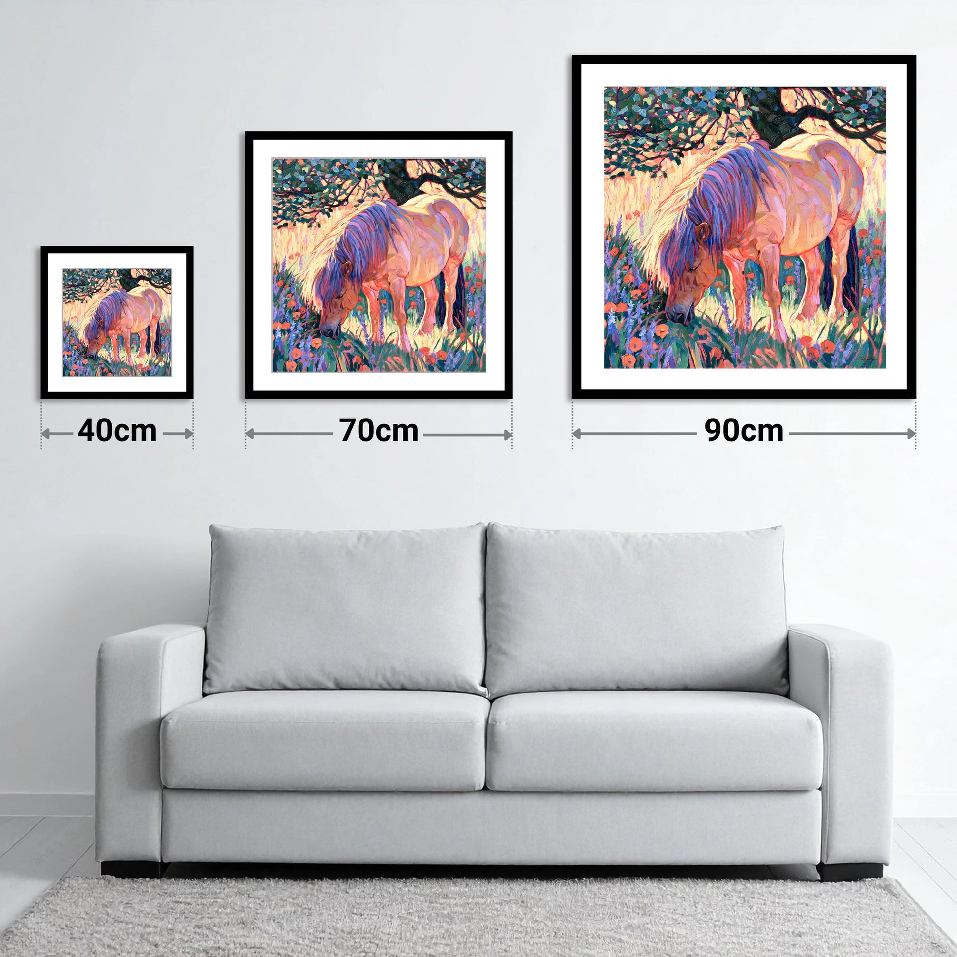 Vibrant Grazing Pony In Meadow - size guide showing 40cm, 70cm and 90cm art prints