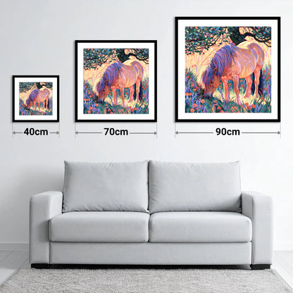 Vibrant Grazing Pony In Meadow - size guide showing 40cm, 70cm and 90cm art prints