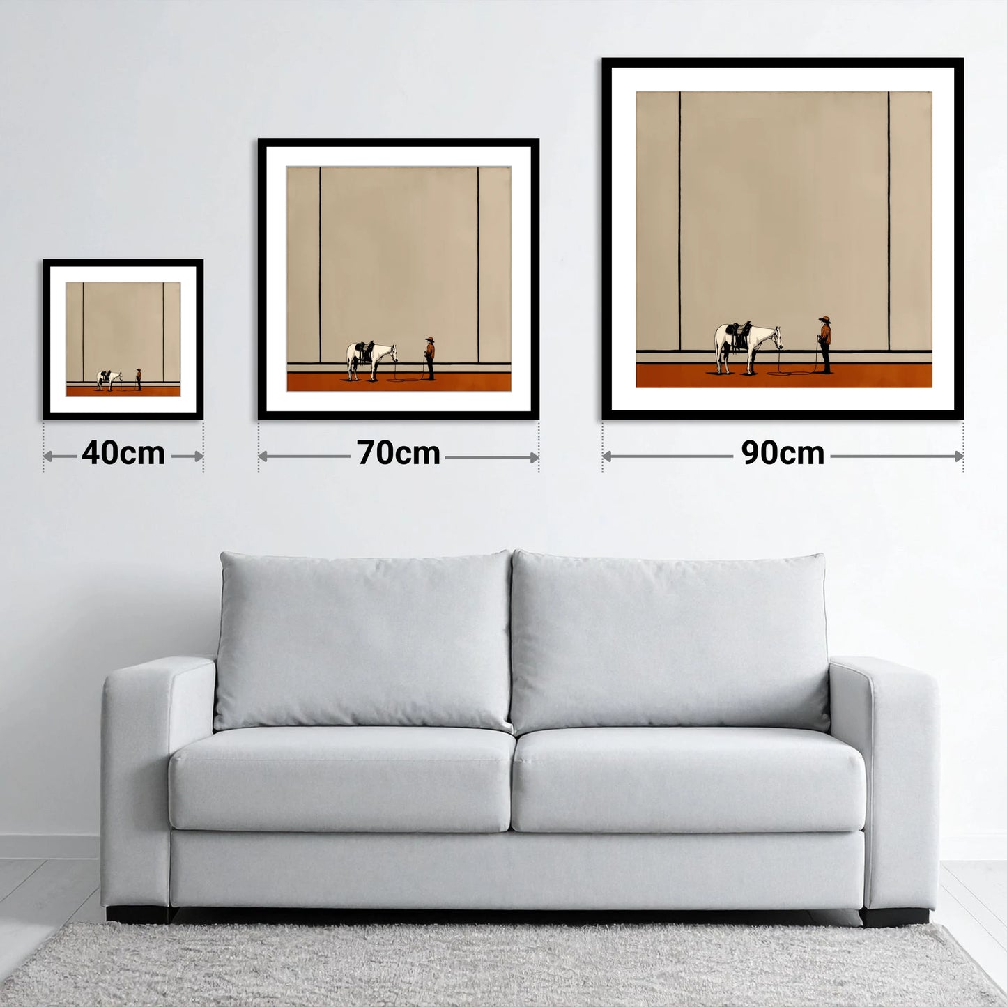 Quiet Western Connection - size guide showing 40cm, 70cm and 90cm art prints
