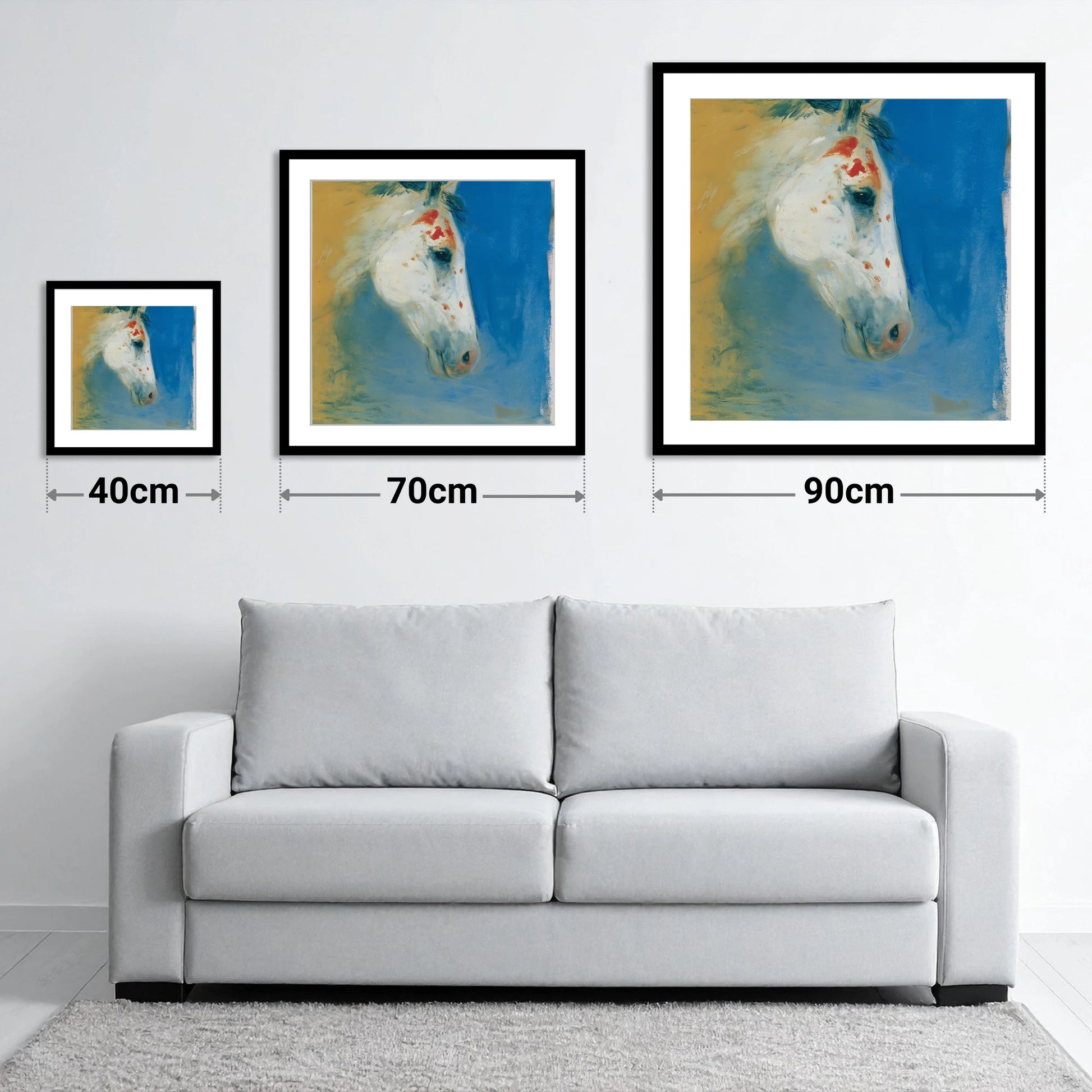 Cerulean Painted Profile - size guide showing 40cm, 70cm and 90cm art prints