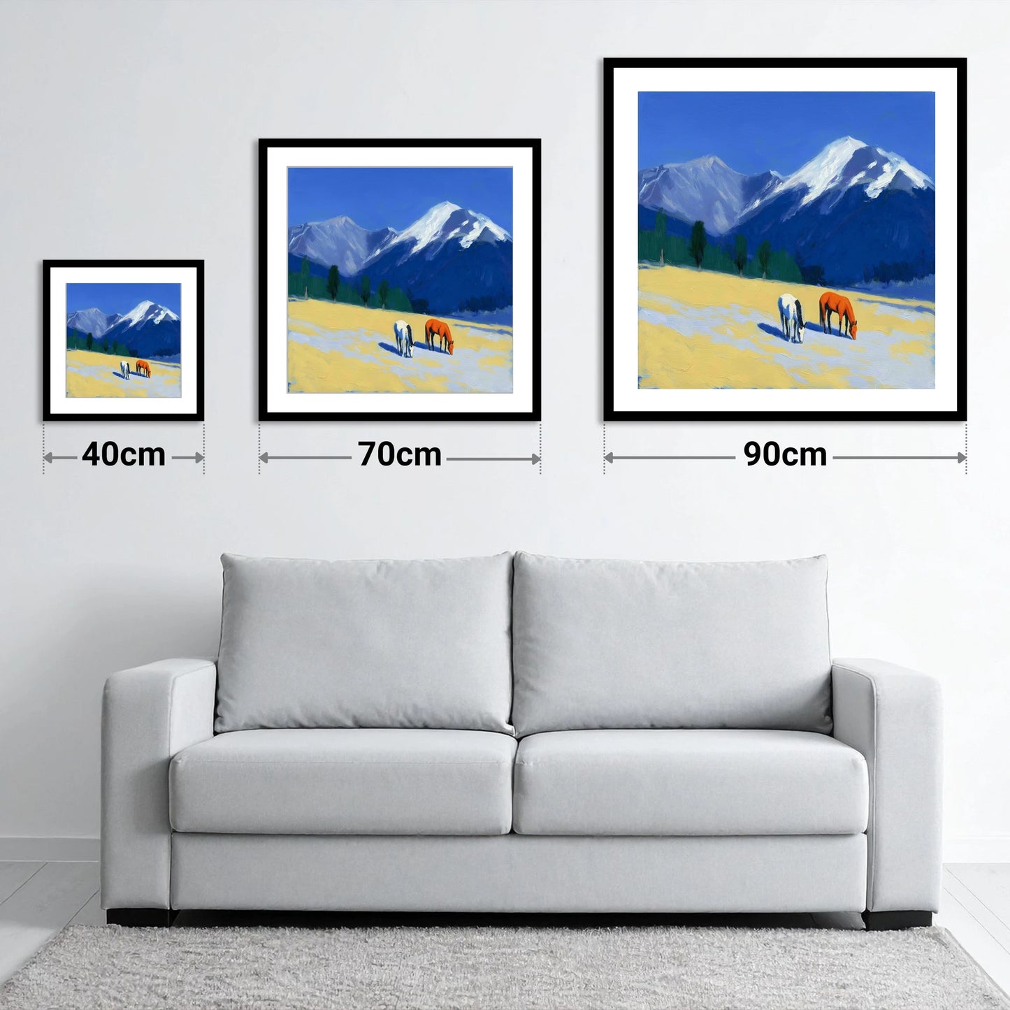 Azure Peaks and Golden Grazing - size guide showing 40cm, 70cm and 90cm art prints