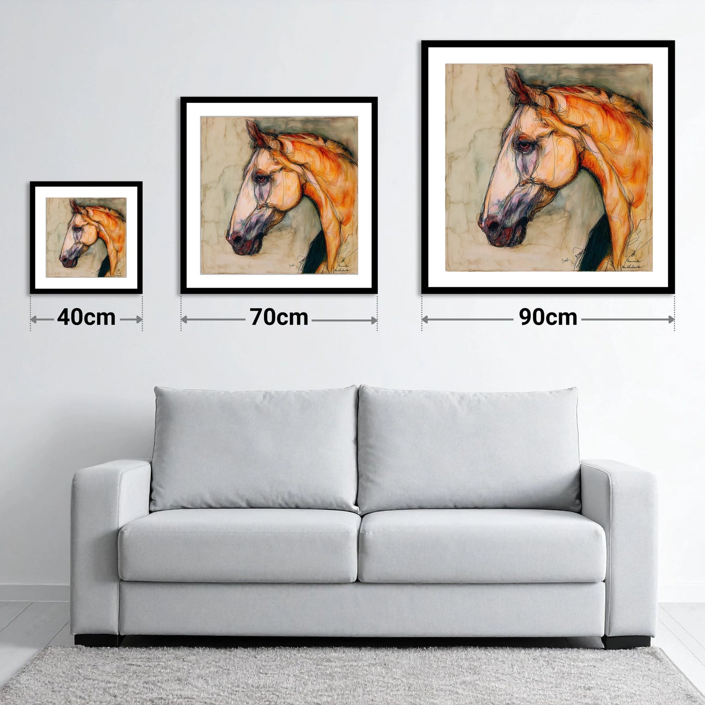 Sienna Wash Equine Study - size guide showing 40cm, 70cm and 90cm art prints